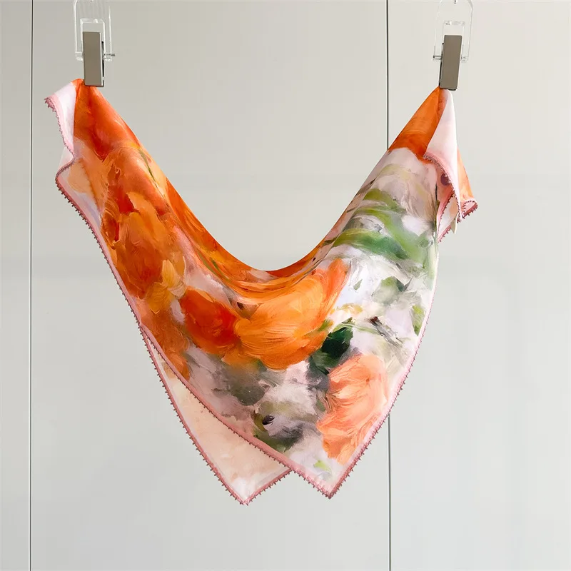 2026 Orange Tulip Oil Painting Print Square Scarf for Women 100% Silk Neck & Head Scarf for Women Fashion Floral Bandana