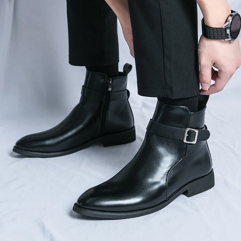 New Men's Side Zipper Buckle Chelsea Boots Men Brand 2023 Comfortable and Anti Slip Soles Design Fashion High Top Leather Boots