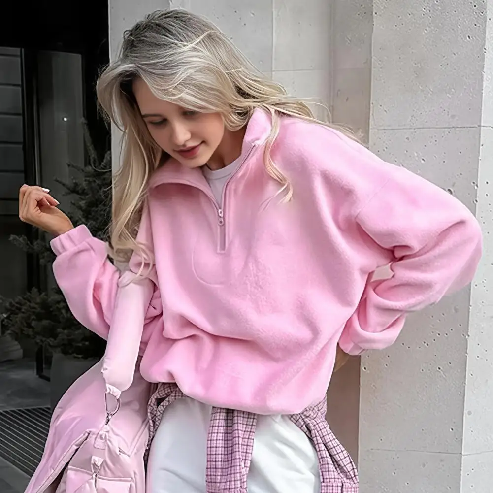 Zipper Collar Pullover Women’s Solid Color Collared Sweatshirt Loose Half Zipper Pullover Top Sports Long Sleeve Autumn Winter