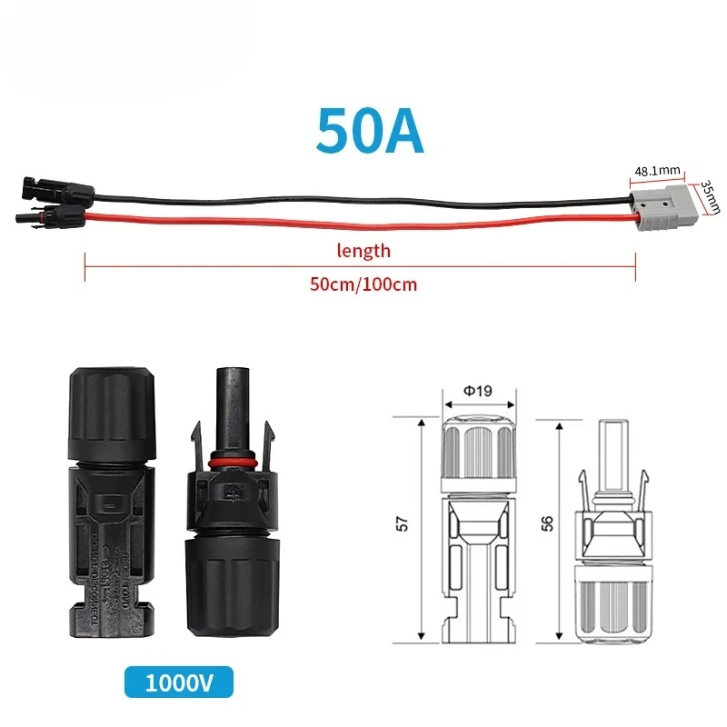 Solar Panel Extension Cable 6mm2 10AWG 50A Connector for Car Battery And Solar Panel 50/100/200CM Adjustable Length