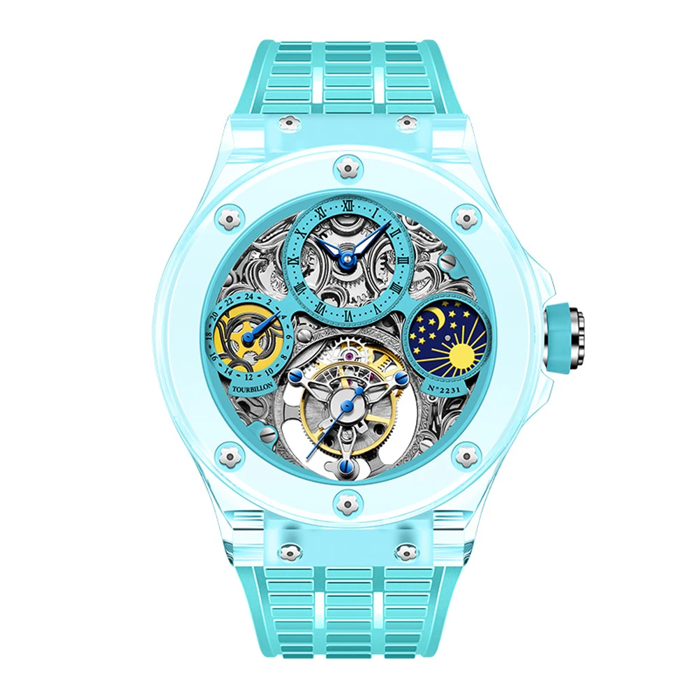 Haofa K9 Crystal Flying Tourbillon Watch GMT Moon Phase Sapphire orologi da polso meccanici manuali impermeabili per uomo Luxury 2231