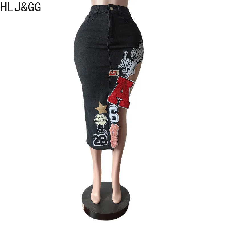 HLJ & GG mode broderie lettre irrégulière maigre Denim jupes femmes taille haute bouton poche Cowboy bas femme Streetwear