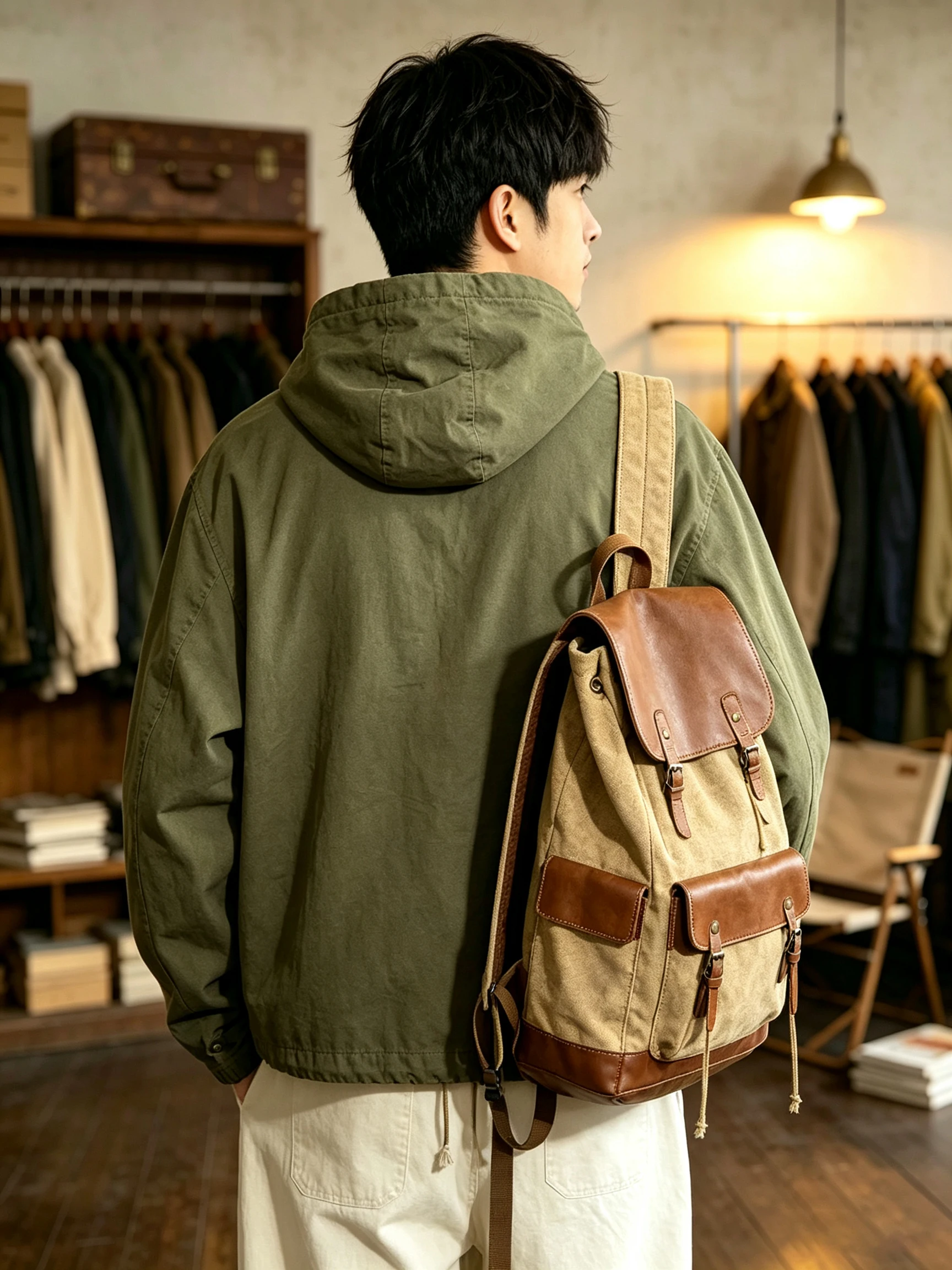 American Retro Green Deck Parka Pullover, Men's Vintage 100% Cotton Drawstring Hooded Jacket, Casual Loose Fit for Spring Autumn