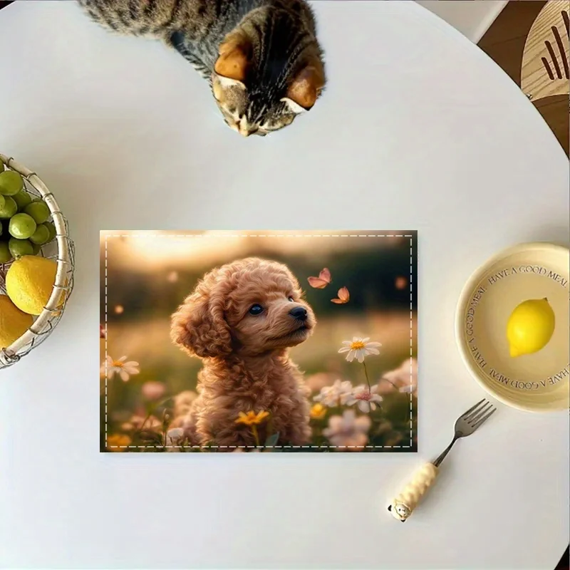 French Bulldog Linen Placemat Black Puppy Dog Photo Print Table Mat Non Slip Coaster Heat Resistant Dining Bowl Pad Decor