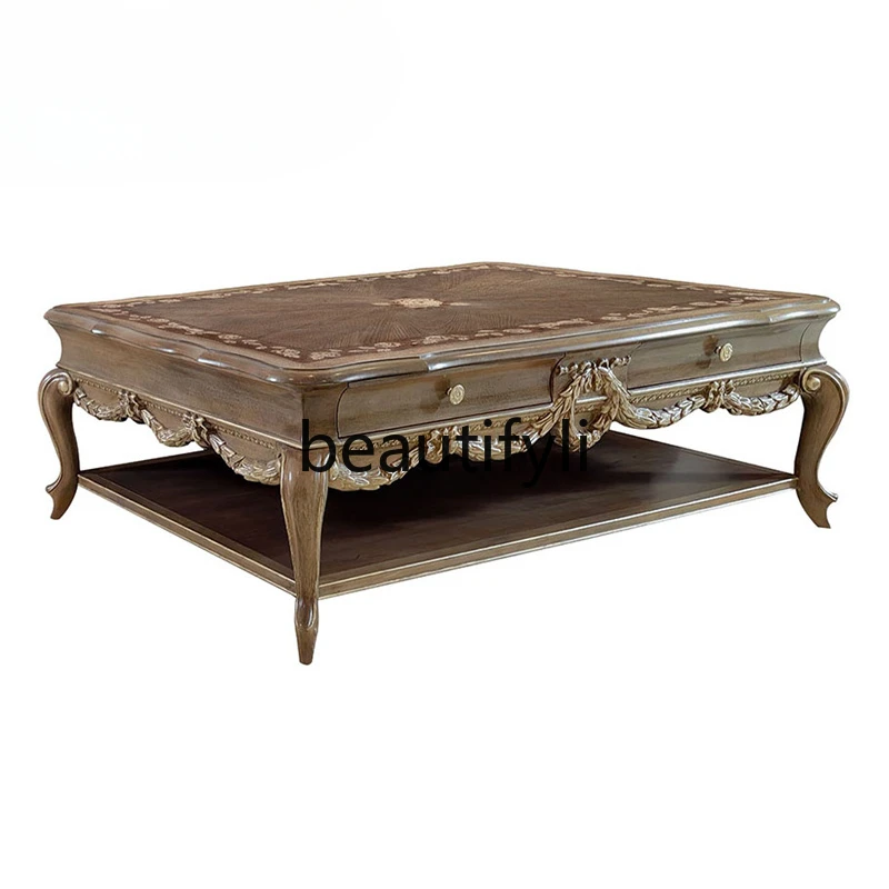 

Chanson veneer parquet coffee table carved European coffee table living room rectangular coffee table