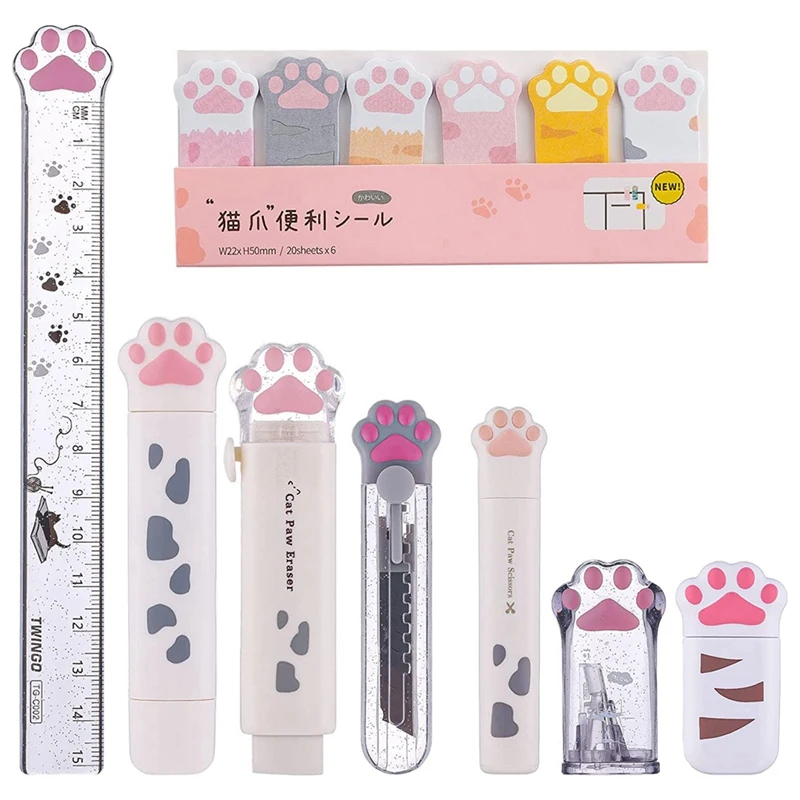 8 Pcs Cute Cat Paw Stationery Set Kawaii School Supplies Including Pencil Sharpener Retractable Eraser Reusable (White)