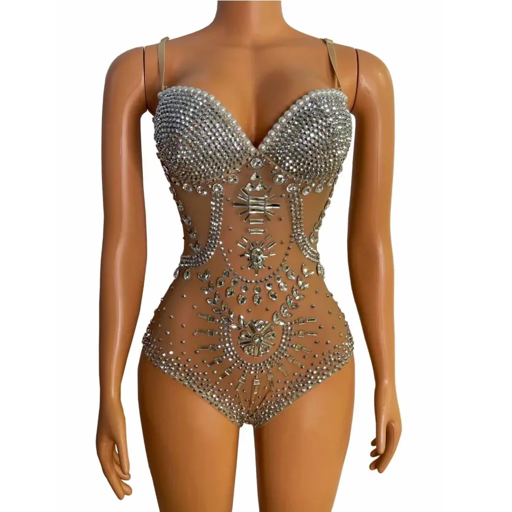 

Spaghetti Strap Shining Crystal Rhinestones Sexy Nude Bodysuits For Women Nightclub DJ Clothing Prom Pole Dance Stage Costumes