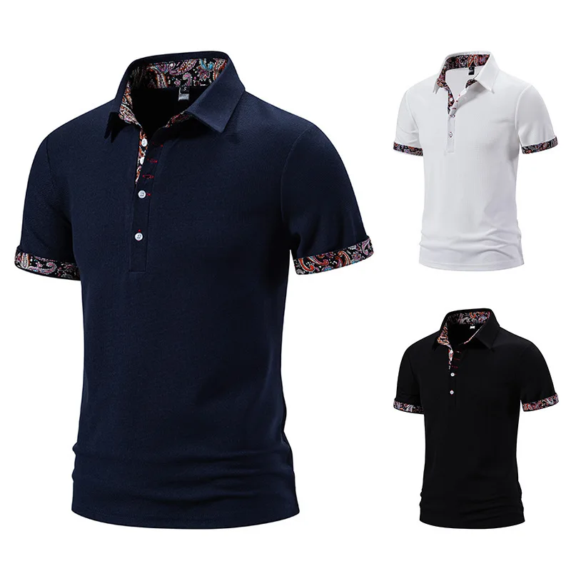 

2024 Summer New European Short Sleeved Polo Shirt with American Pattern Color Block Leader Edge Trendy Versatile