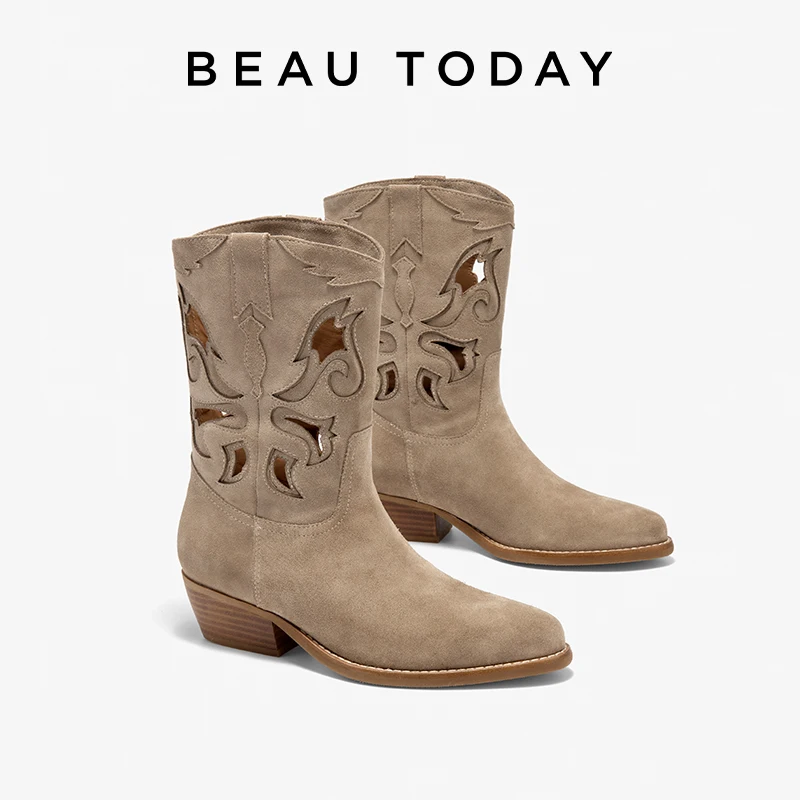 

Ковбойские сапоги BEAUTODAY, женские ковбойские сапоги из коровьей замши, модные женские сапоги до середины икры в западном стиле, ручная работа 06162