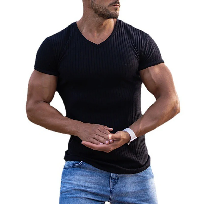 Mens V Neck Short Sleeve T Shirt Fitness Slim Fit Sports T-shirt Solid Fashion Strips Tees Tops Summer Knitted Gym Clothing