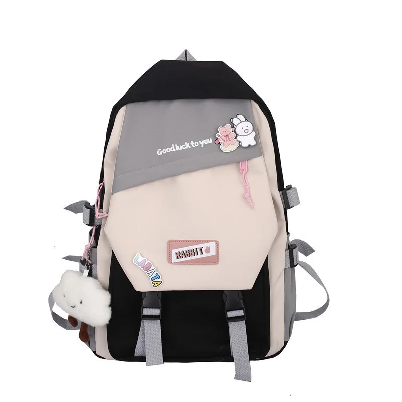 TRAVEASY Korean High School Woman Backpack Nylon Contrast Color Shoulder Bag Preppy Style Teenage Girl Casual with Plush Pendant