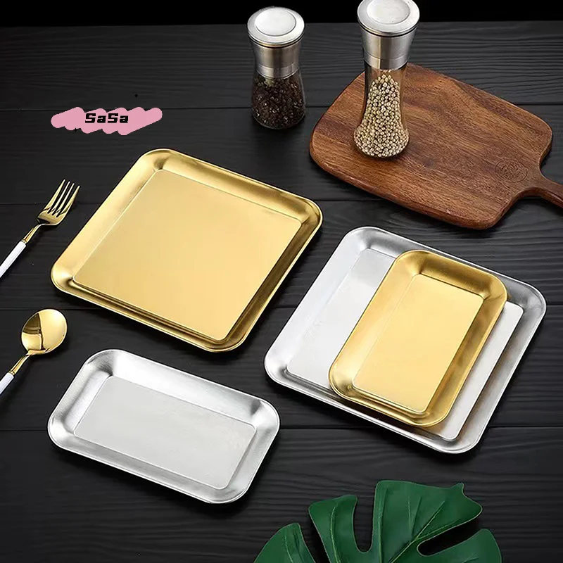 S-1Pc Luxury Square Stainless Steel Serving Tray Elegant Coffee Dessert Platter for Cafe Restaurant Bathroom