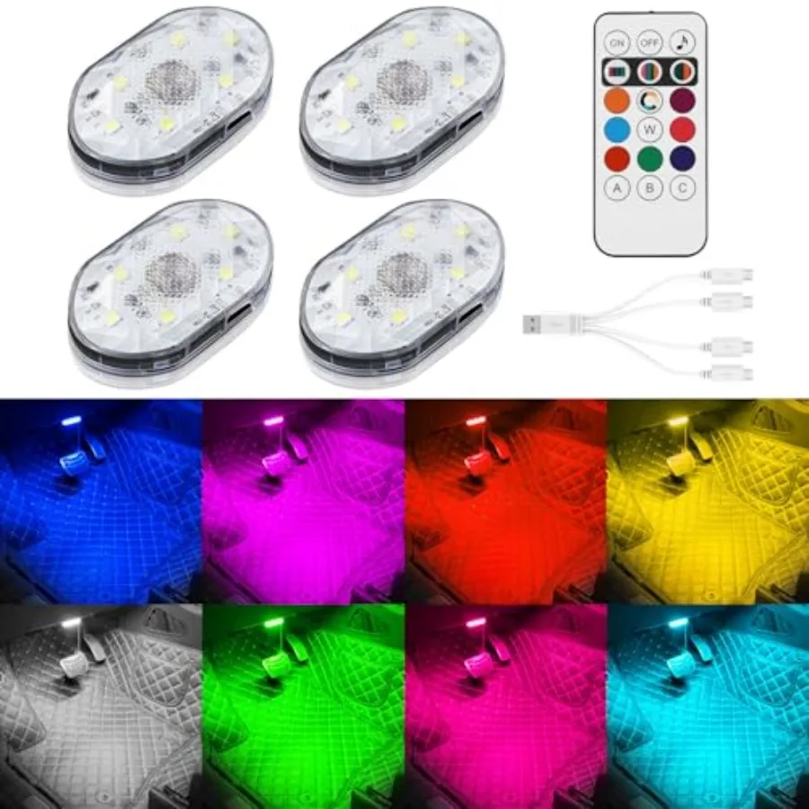 

【Spot goods】4Pcs Wireless LED Lights for Car with Remote Control 8 Colors Car Interior Night Lights