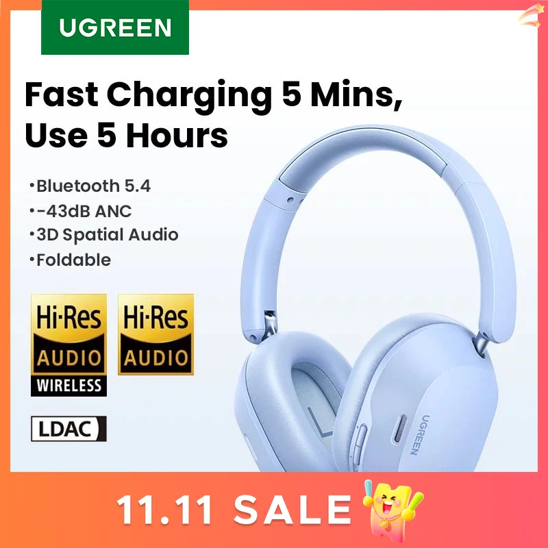 UGREEN Max5c Wireless Bluetooth Headphones 43dB Hybrid Active Noise Cancellation Hi-Res LDAC 75H Spatial Audio Earbuds Headset
