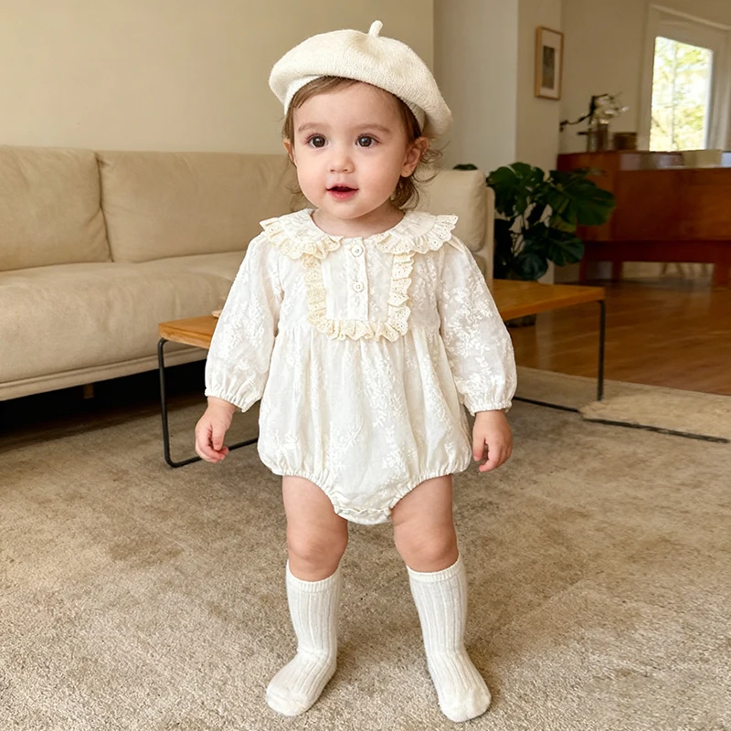 ربيع جديد 2026 0-24 متر طفل رضيع فتاة الدانتيل تقليم رومبير بأكمام طويلة الوليد طفلة بذلة طفلة الملابس القطنية