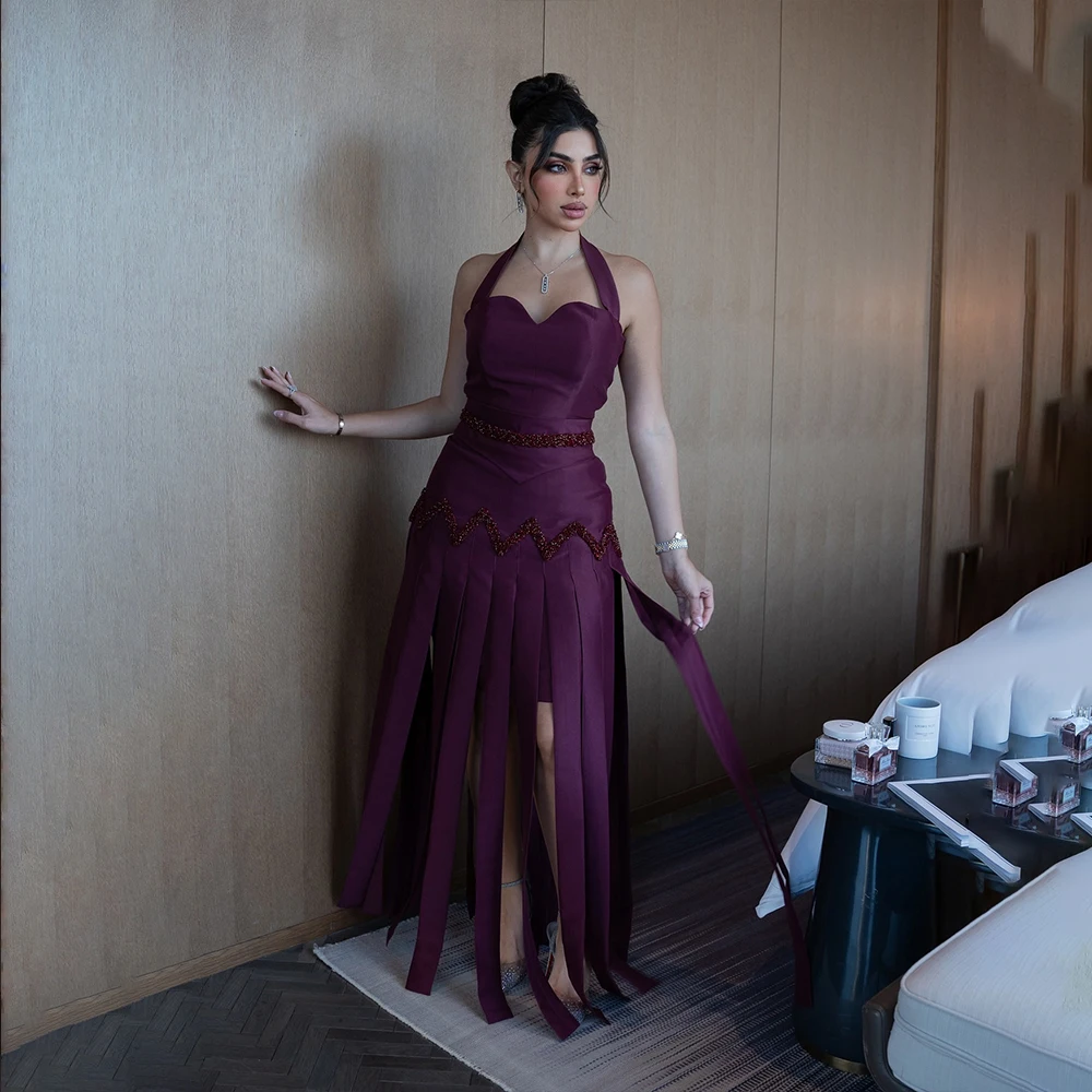 

Stylish Halter Prom Dresses Sleeveless Mermaid Beading Tassel Evening Dress Birthday Party Gown Customized فساتين سهرة