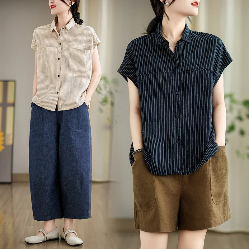 

Retro Striped Cotton Linen irt Women Loose Casual ort Sve Large ket irt Comfortable plus Size Top Small irt