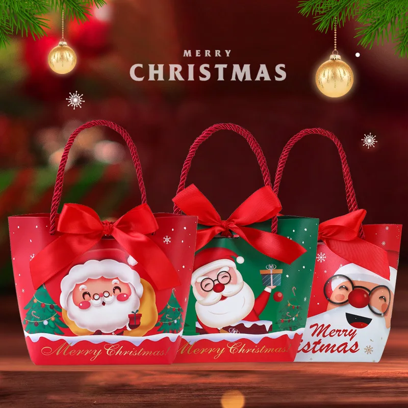 Christmas Gift Boxes Party Kids Favor Candy Box Kraft Paper Chocolate Cookies Bag with Handle for Xmas New Year Decoration