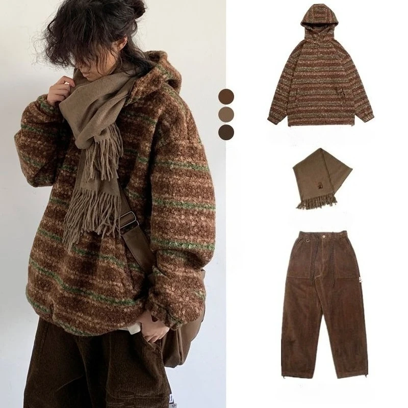 

Japanese Vintage Unisex Lazy Style Outwear Long Sleeve Loose Striped Pocket Gradient Zipper Subculture Pullover 2025 Autumn