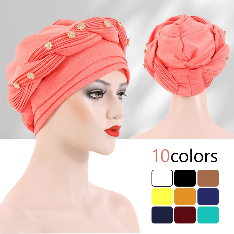 Green/Black Women Muslim Braid Turban Head Wrap Cover African Cap Ramadan Islamic Headwear Arab Fashion Chemo Hair Loss Cap 