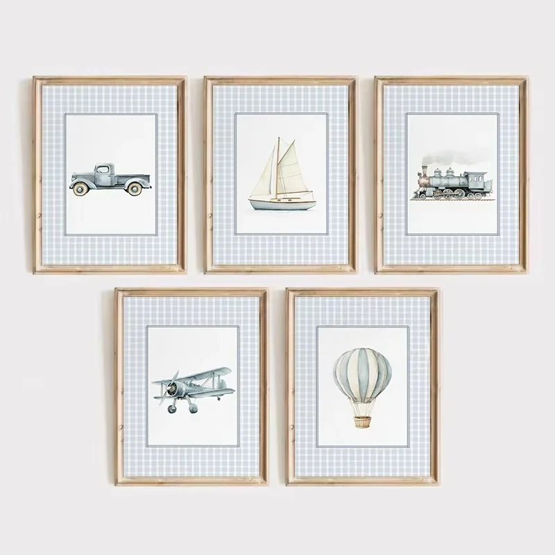 Vintage Travel Transportation Hot Air Balloon Boat Plane Train Nordic Poster Canvas Painting Wall Pictures Home Boy’s Room De
