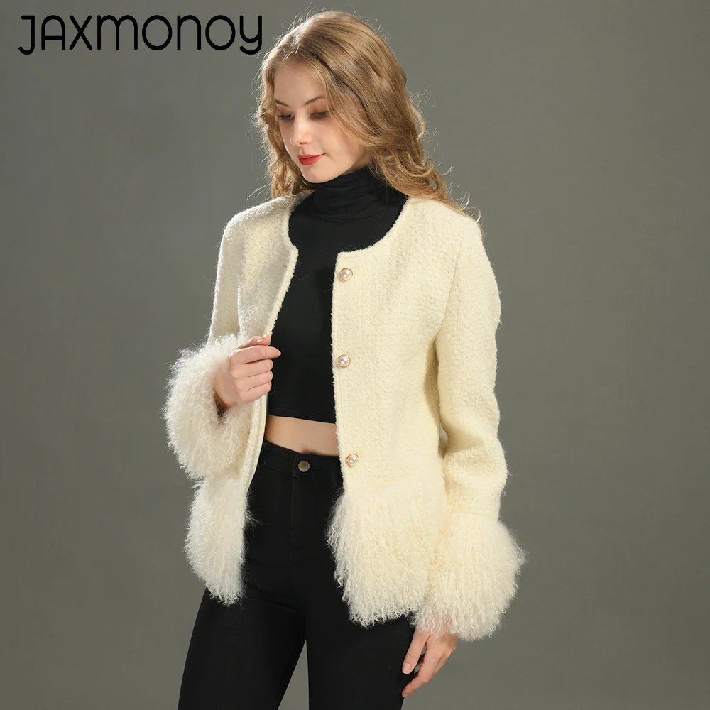 

Jaxmonoy Women's Wool Coat with Real Mongolian Sheep Fur Winter New Style Ladis Elegance Short Tweed Jacket Pearl Button Female