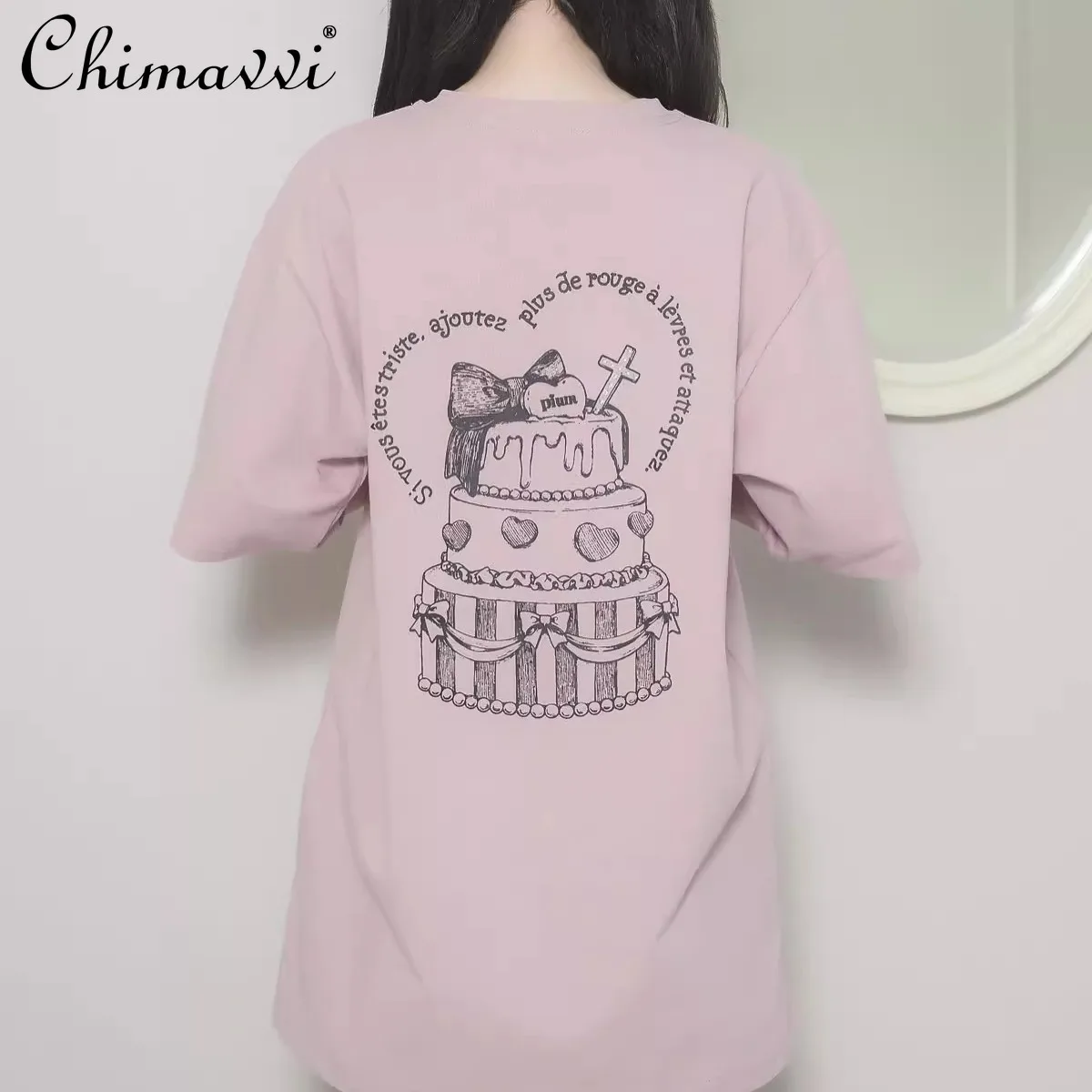 Japanese Sweet and Cute Cake Print Short-sleeved Loose OversizeT-shirt 2025 Summer New Fashion Kawaii Girl Women's Y2k Top