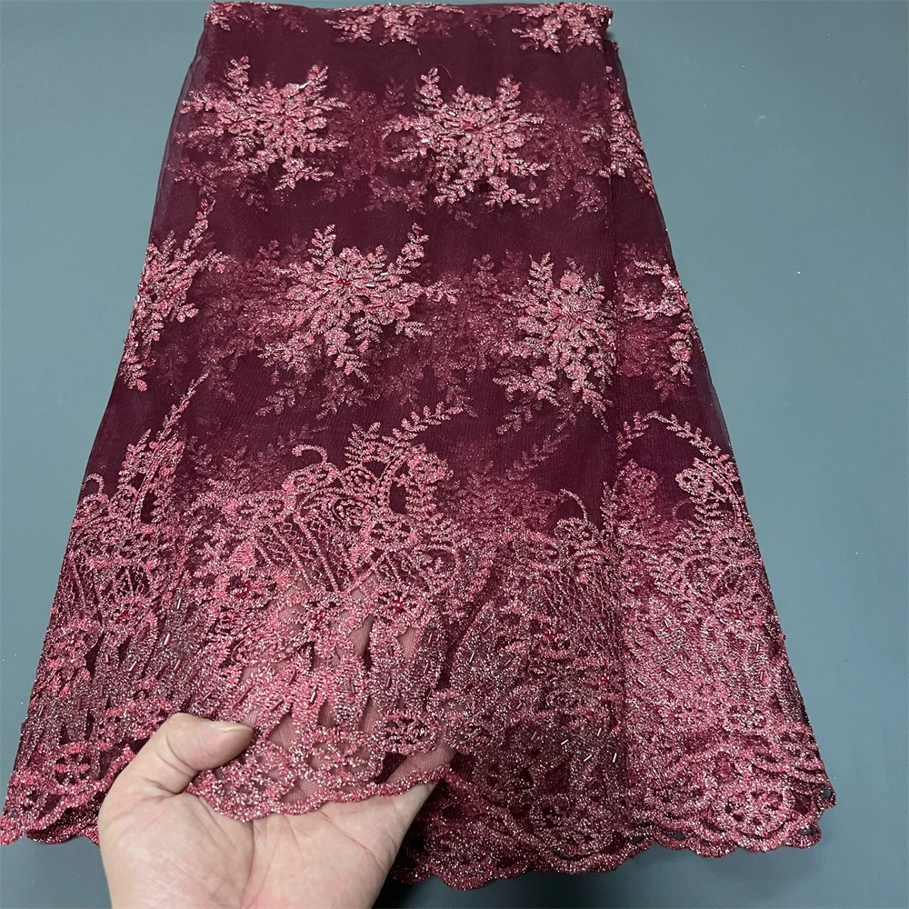 

2025 Высококачественная вышивка в африканском нигерийском стиле с блестками, тюль, кружевная ткань, сетчатая ткань для шитья, платья для выпускного вечера, бусы, 5 ярдов, ZJ049