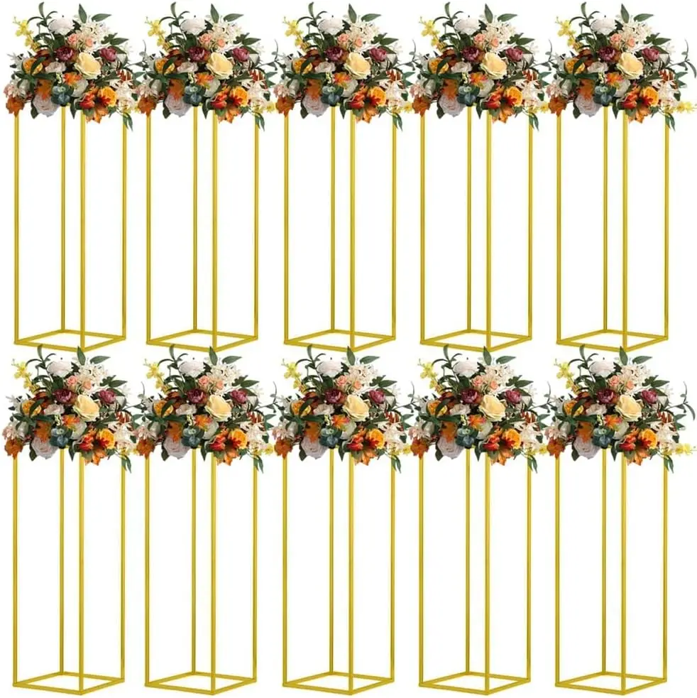 

31.5inch 10pcs Gold Wedding Cenerpiece Flower vase, Metal Column Flower Stand, Tall Geometric Centerpieces Vase for Table, Party