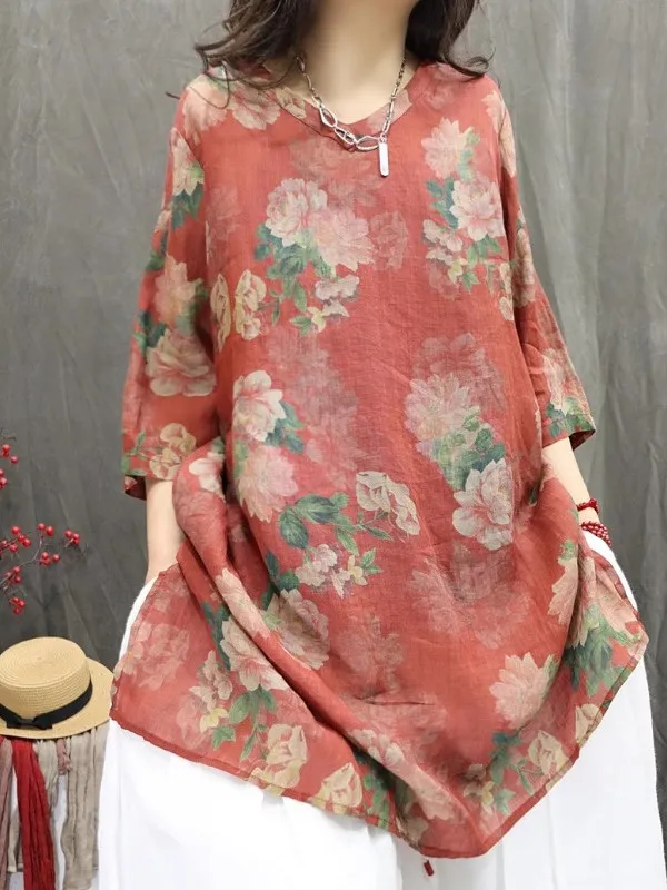 Retro Hemp Print irt Dr Casual Loose mid Sve V Ne Midi Length Top Summer Commute Sle Regular Sve Length