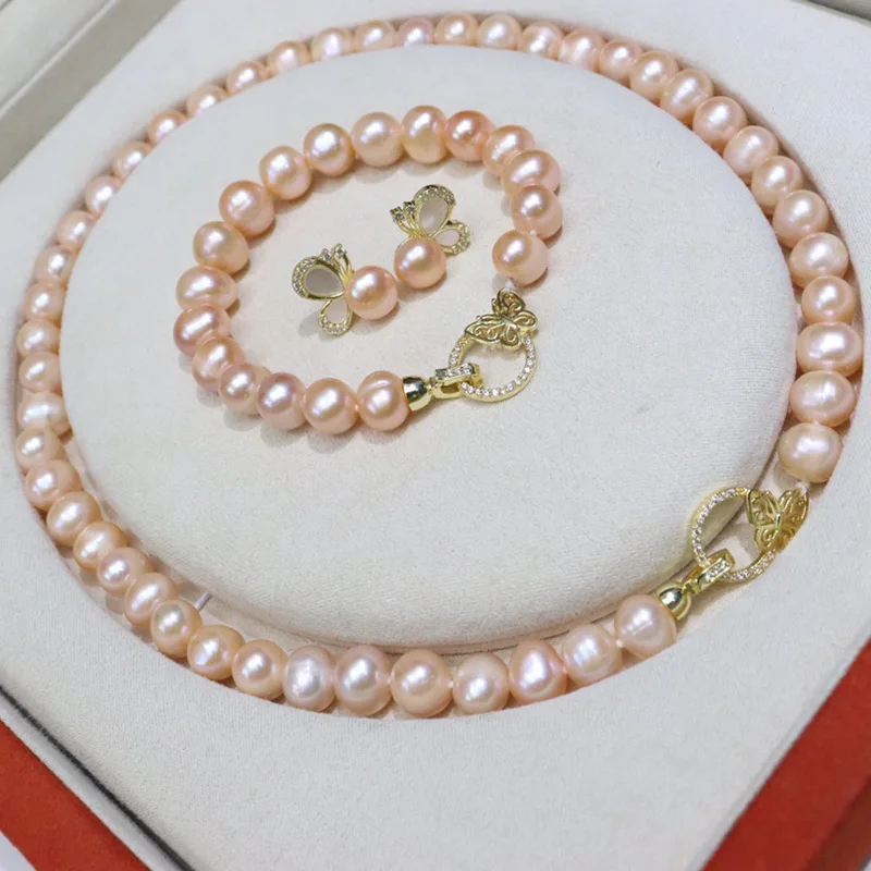 

096 Three-Dimensional Butterfly Clasp Natural Freshwater Pearl Necklace Set Near Round Slightly Blemished Skin Glossy Good Fashi