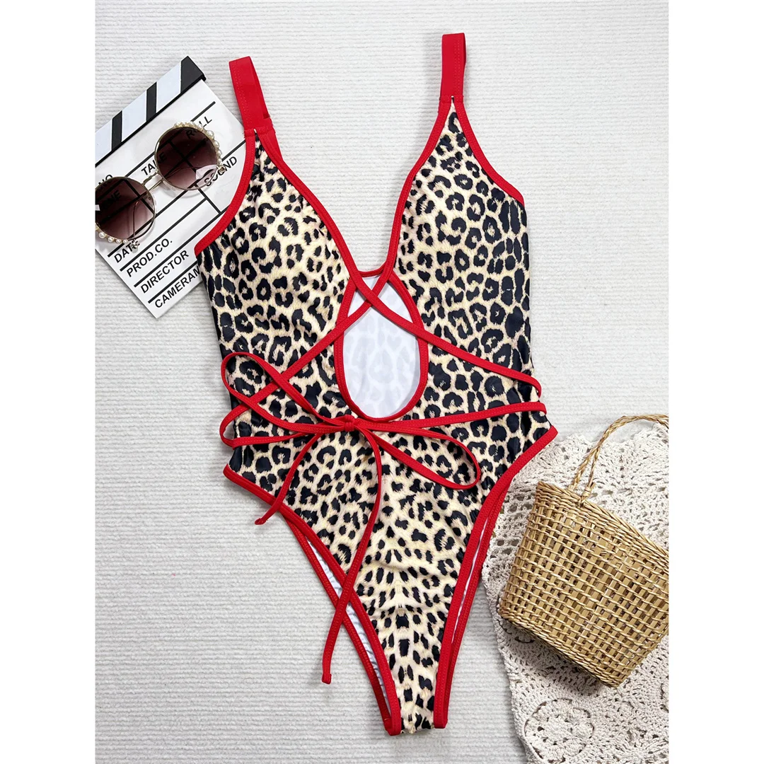 Umlege-Badeanzug mit Leopardenmuster und tiefem V-Ausschnitt für Damen, einteiliger Badeanzug, Monokini mit hohem Beinausschnitt, Badebekleidung, Badeanzug, Modell V6804. – Detail 9