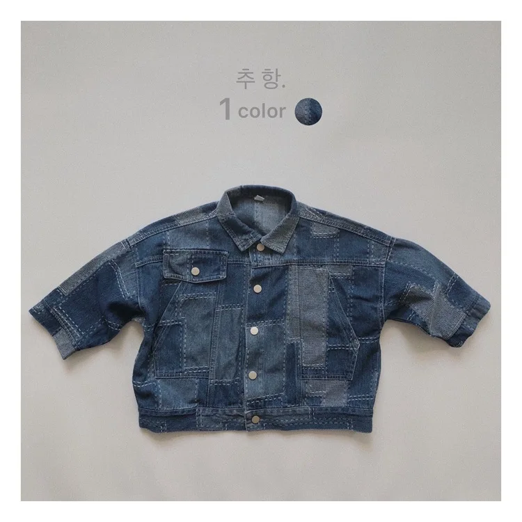 Korean Childrens Boys Denim Jacket Autumn Winter Full Print Retro Plaid Toddler Boys Work Jacket Loose Versatile Kids Boys Coat