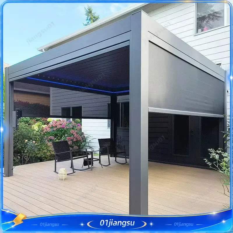 Heavy Duty Motorized Bioclimatic Pergola Aluminum Louvered Roof LED Lights Waterproof Outdoor Gazebo Garden Deck Patio Canopy