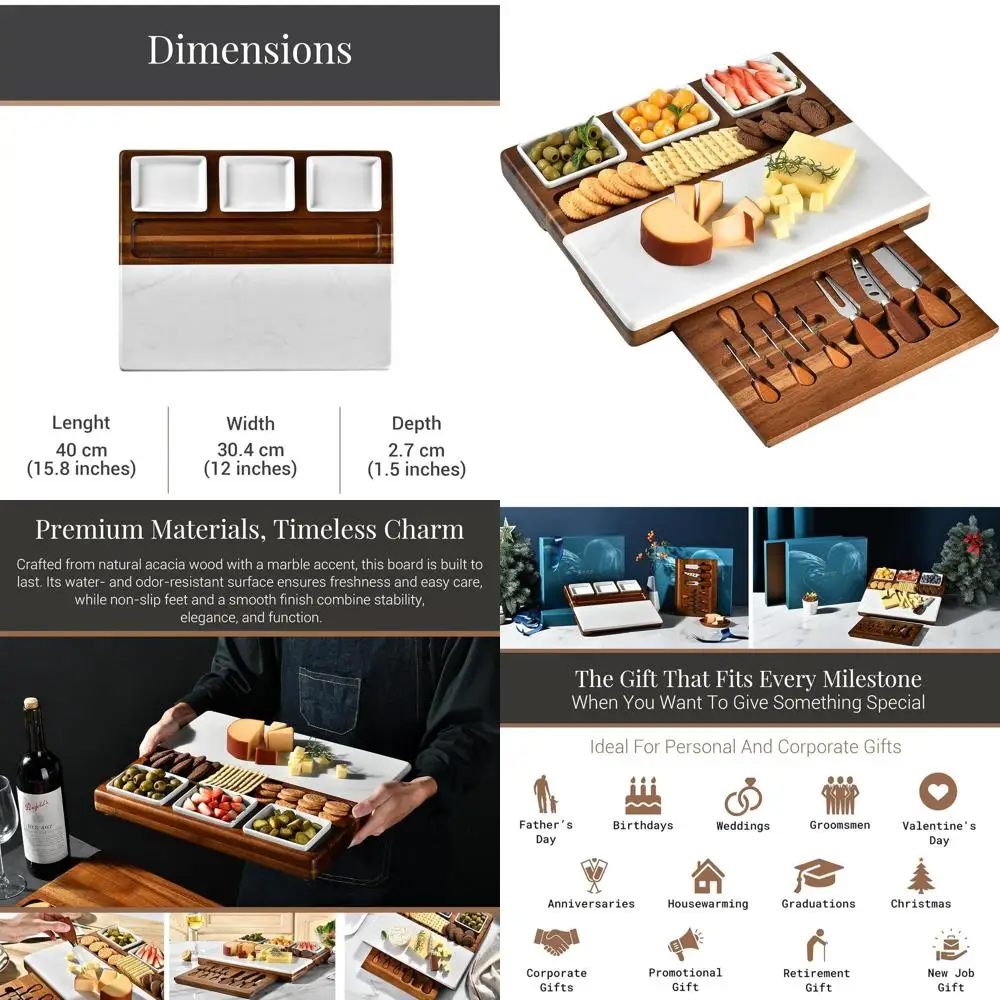 

Набор досок для сыра и древесины акации с 3 керамическими блюдами и инструментами из нержавеющей стали для развлекательных подарков