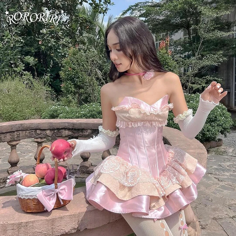 

Платье-корсет RORORIRI Lolita для женщин, розовое, с кружевной отделкой, атласное, на косточках, многослойное, с оборками, мини-платье для дня рождения и вечеринок