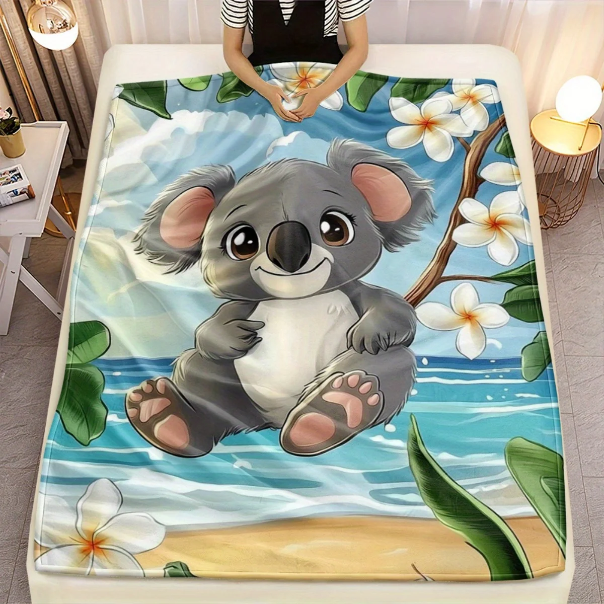 Cute Koala Bear Floating On Beach With Plumeria Flowers Tropical Scene Fleece Blanket Soft Flannel Throw For Kids And Adults