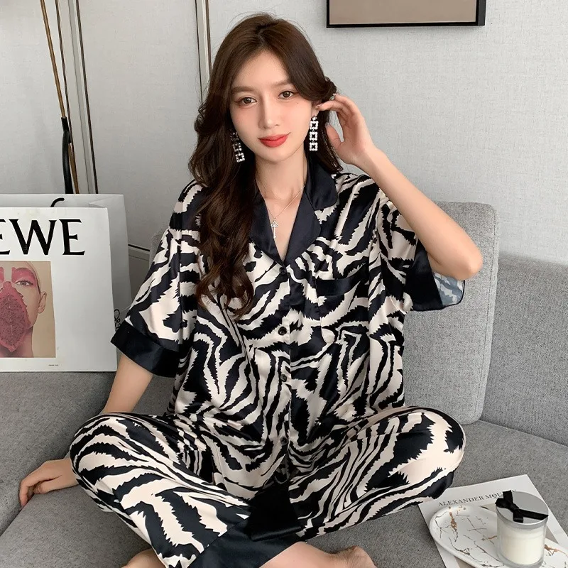 Pajamas Women\'s Spring and Summer Short-Sleeved Long Pants Pajamas Zebra Grain Silk Short-Sleeved Long Pants Home Wear Suit