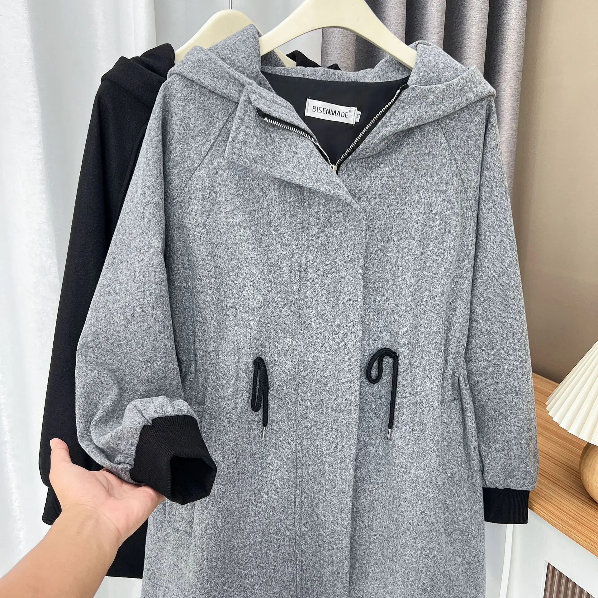 Womens Plus Size Autumn Winter Woolen Coat Casual Clothing MD-LONG Drawstring Waist Hooded Outwear Curve Overcoat S6 5709