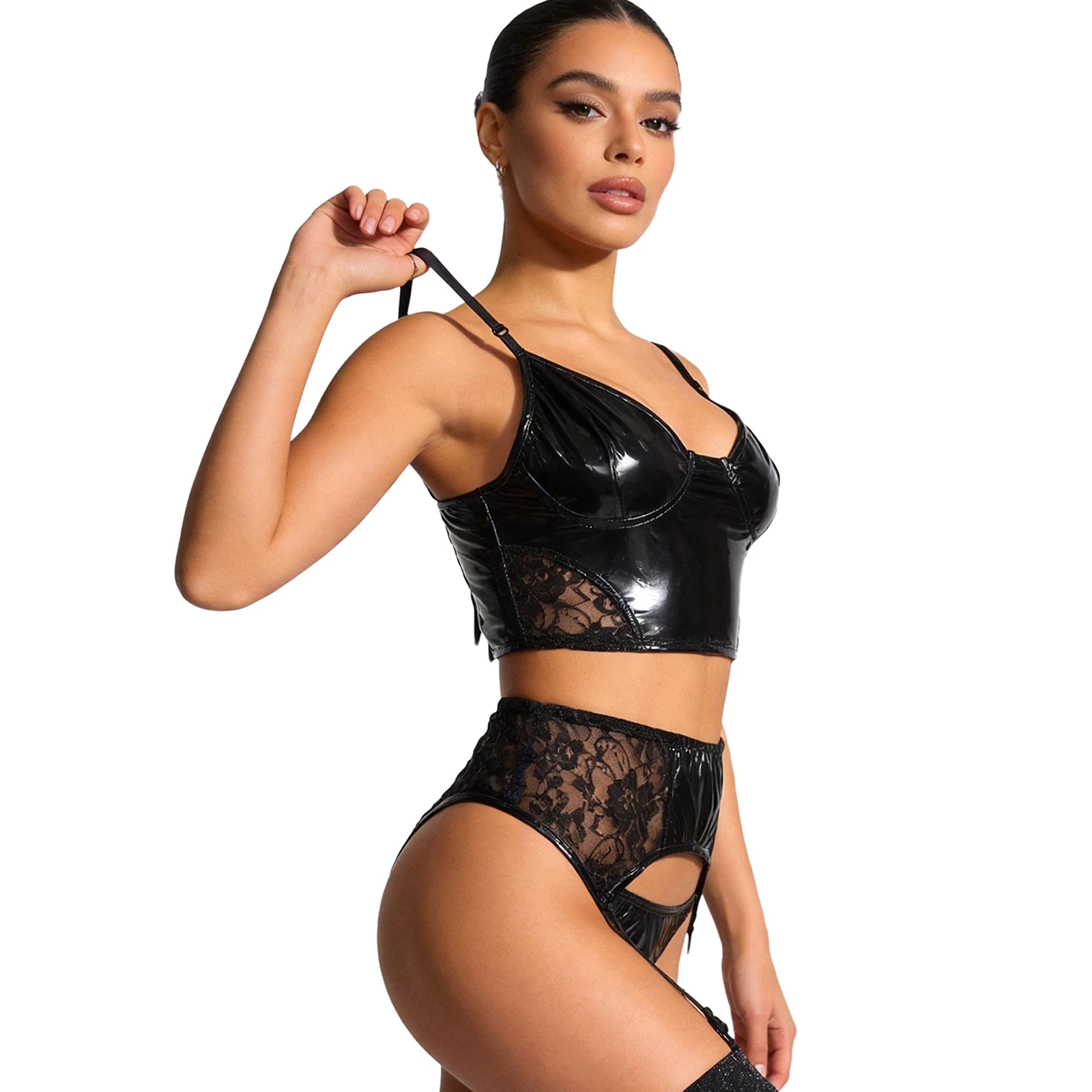 Damen-Bikini-Set aus PU-Leder mit Spitze und Patchwork-Design, bestehend aus einem kurzen Oberteil und einem passenden Höschen mit Strumpfband, ideal für Bühnenauftritte und Partys, zweiteiliges Badeoutfit. – Detail 6