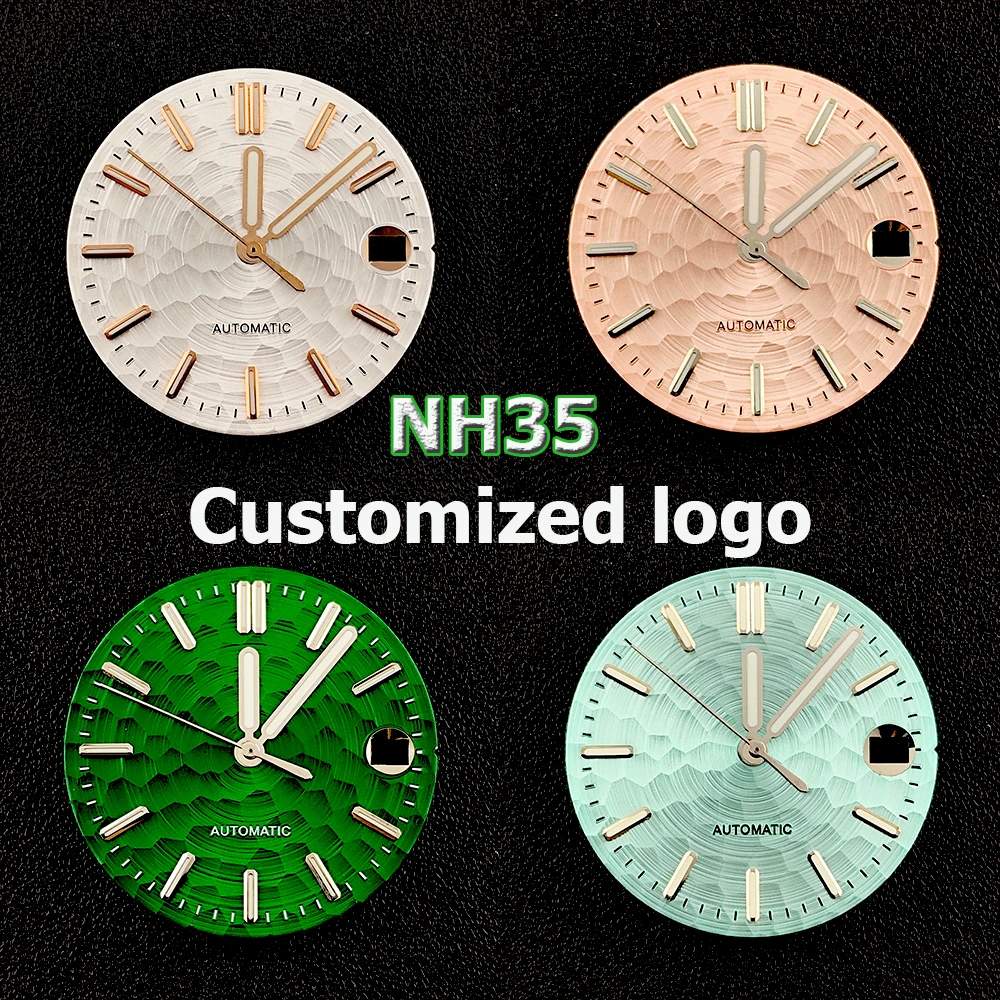 Мужские автоматические часы с циферблатом NH35, циферблат с индивидуальным логотипом, зеленый светящийся циферблат 28,5 мм, подходит для аксессуаров для часов с механизмом NH35