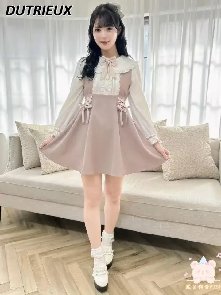 

Rojita Dress 2025 New Lapel Straps Mine Series Mass Production Splicing Sweet Long Sleeve Dresses for Women