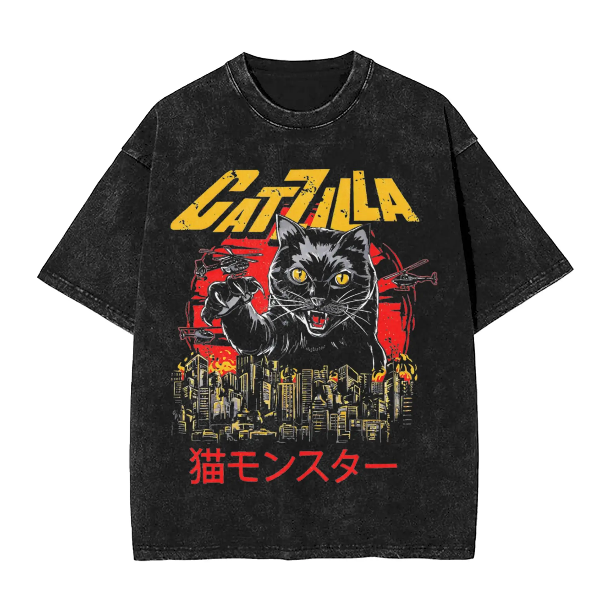 Attack of Catzilla! Washed T Shirt Cotton Crazy T-Shirts Round Neck Cats Monsters Godzillaed Tee Shirt Short Sleeve Clothes Gift