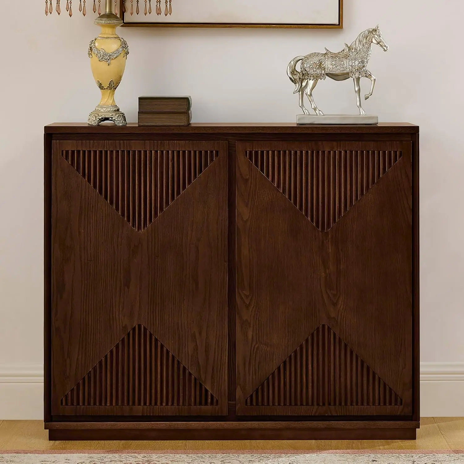 Narrow Storage Cabinet 2 V-Grooved Fluted Doors Dark Walnut, Customized
