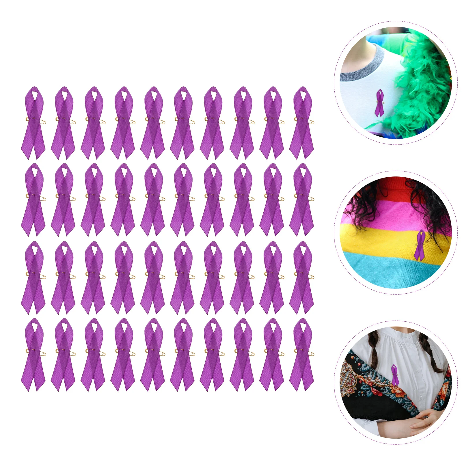 100 Pcs Purple Ribbon Brooch Heart Shaped Breastpin Badge Durable Special Activities Charity Events Parties Carnivals Polyester