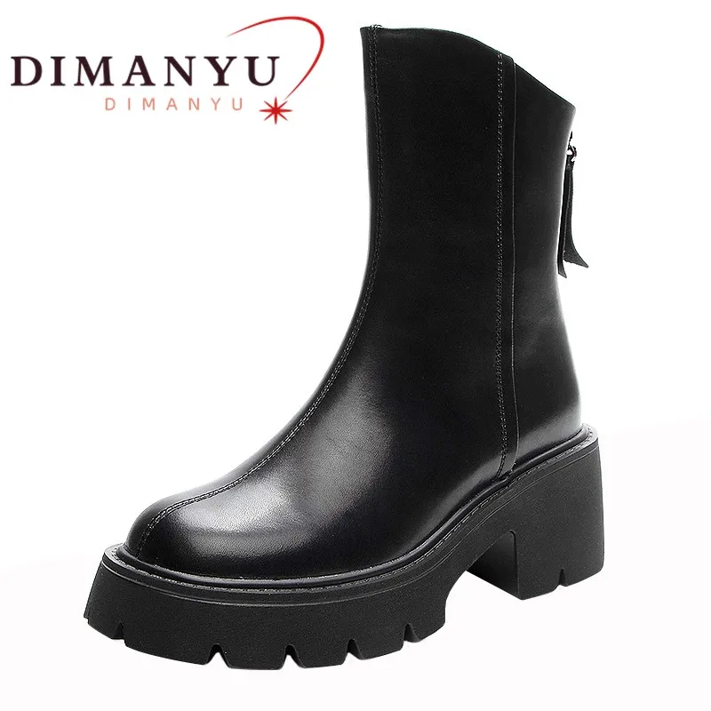 

DIMANYU Women Booties Retro Genuine Leather British Style Winter Ankle Boots Women Chunky Heel Round Toe High Heels Boots Women