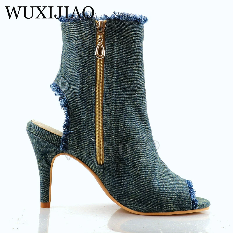 WUXIJIAO New Dance Shoes Denim Classic Blue Latin Samba Cha Cha Dance Shoes Heel Cutout Design Fashion Dance Boots