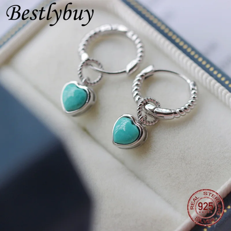 

new S925 Silver Natural Turquoise Heart shaped Hanging Earrings Female Original Design French Style Jewelry Gift