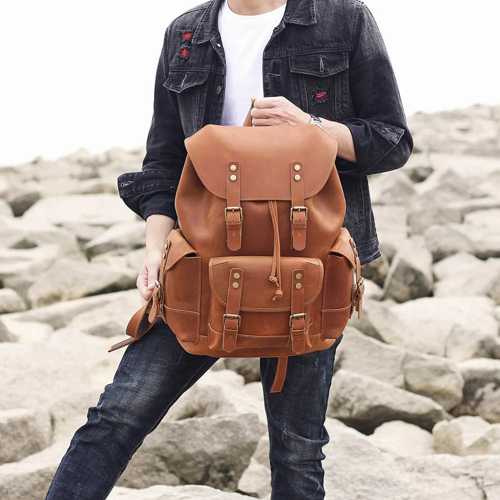 S.WORKER Vintage Echtleder-Rucksack Laptop-Tasche Lässige Crazy-Horse-Leder-Schultasche Outdoor-Reise-Weekender-Tasche – Detail 4