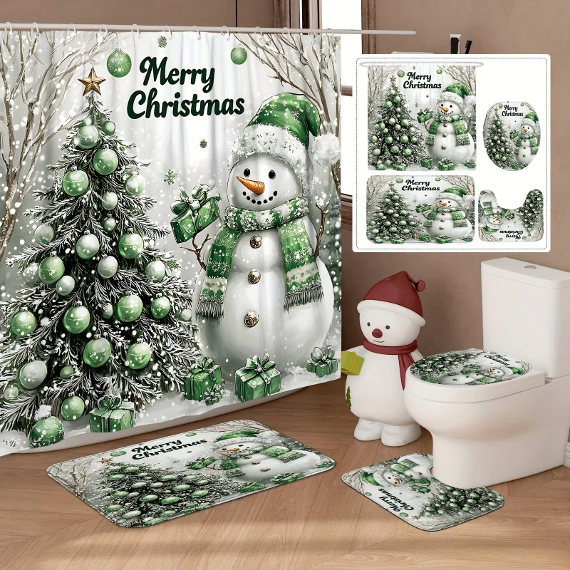 [Open] 1/4pcs Merry Christmas Winter Set Snowman Tree Ball Gift Cute Funny Green White Shower Curtain Polyester W